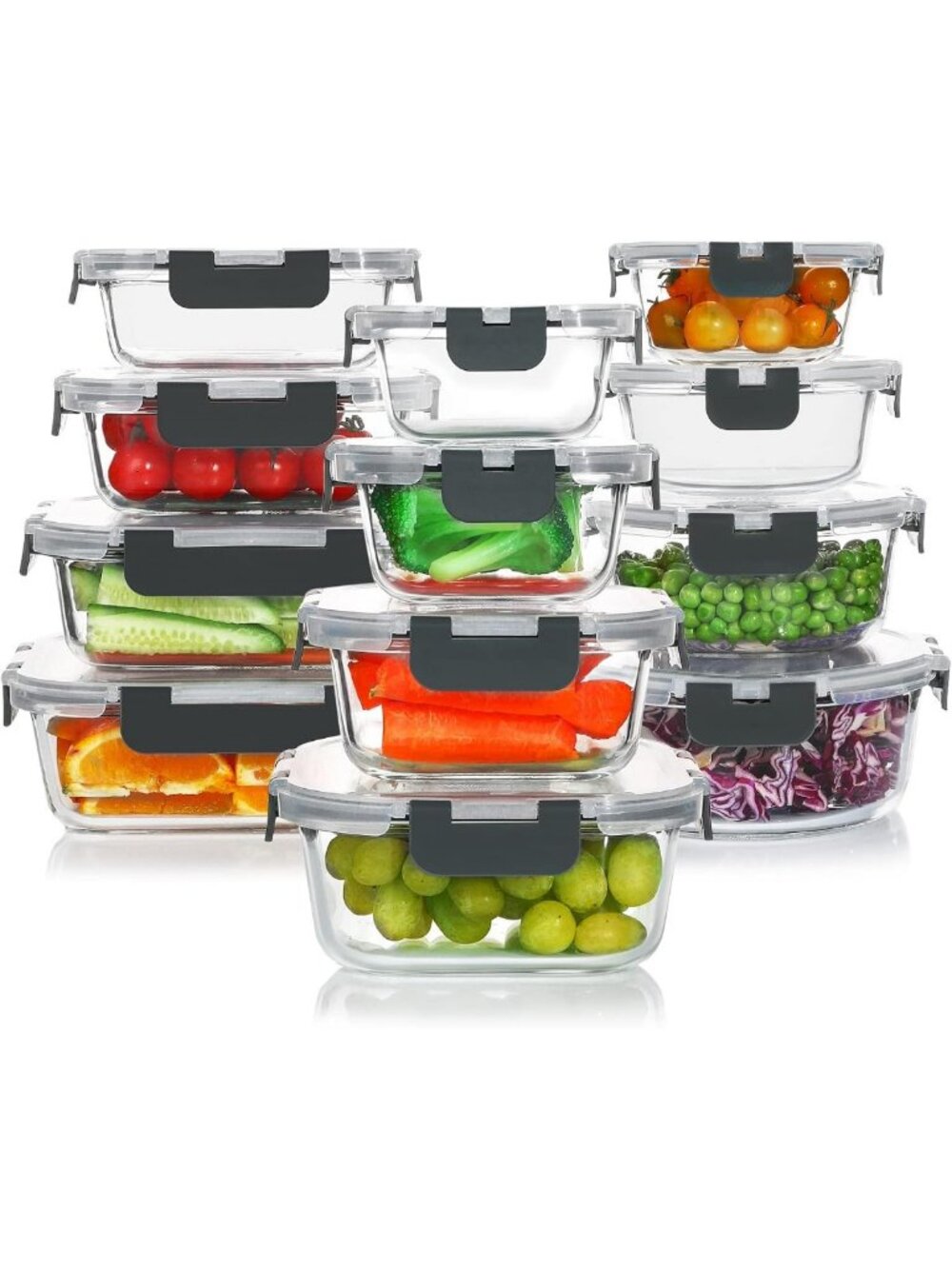 24-Piece Gray Glass Food Storage Containers Set with Lids - Airtight, BPA-Free